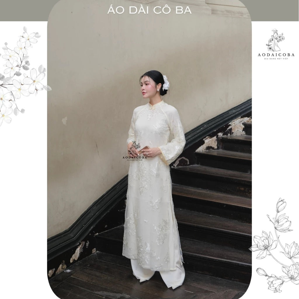 Áo Dài Ánh Nguyệt Dáng Suông 4 Tà Chất Tơ Thêu Hạc Tỉ Mỉ