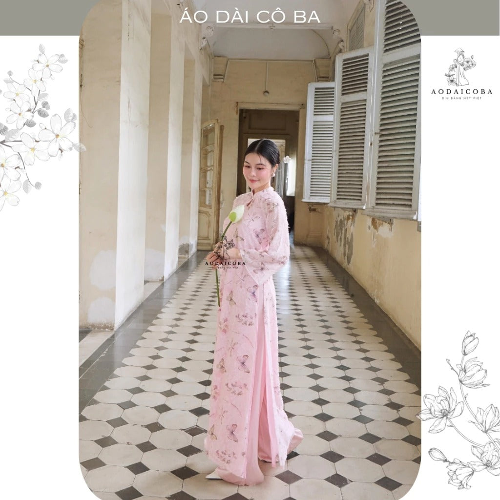 Áo dài Mộng Điệp suông 4 tà voan lông vũ tay lỡ