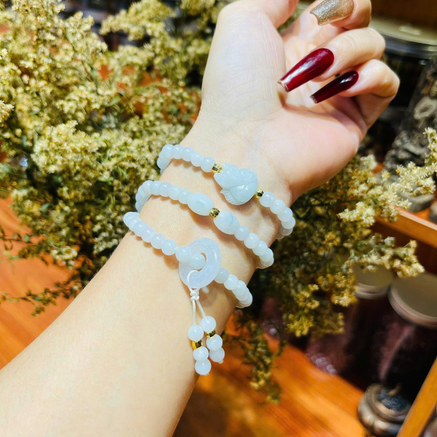 Vòng Bạch Ngọc Jade A mix Hồ ly + Điếu hippie