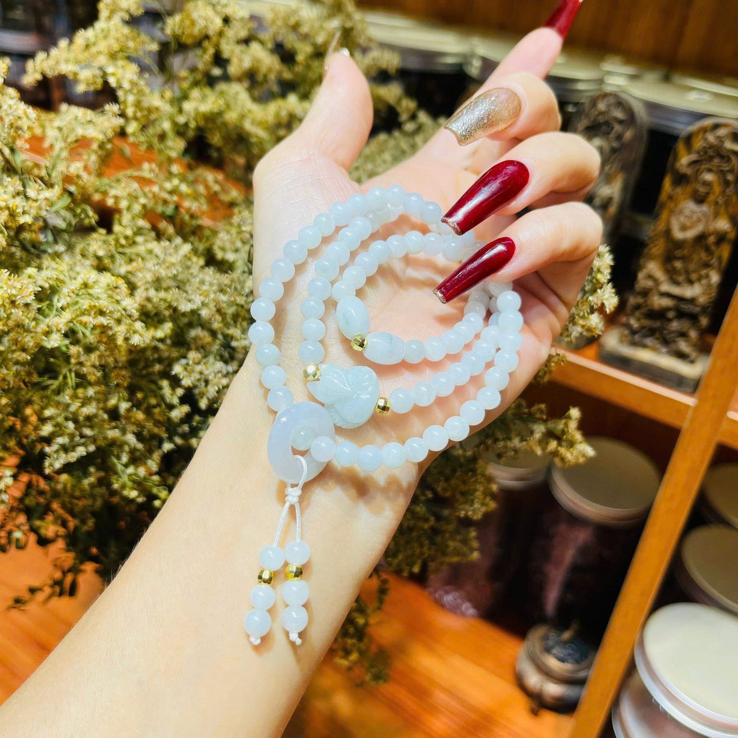 Vòng Bạch Ngọc Jade A mix Hồ ly + Điếu hippie