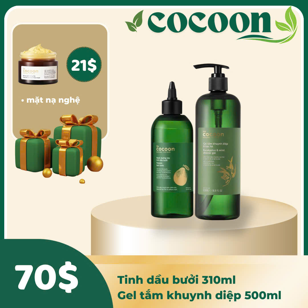 Combo COCOON tinh dầu bưởi + gel tắm khuynh diệp - Tặng mask nghệ