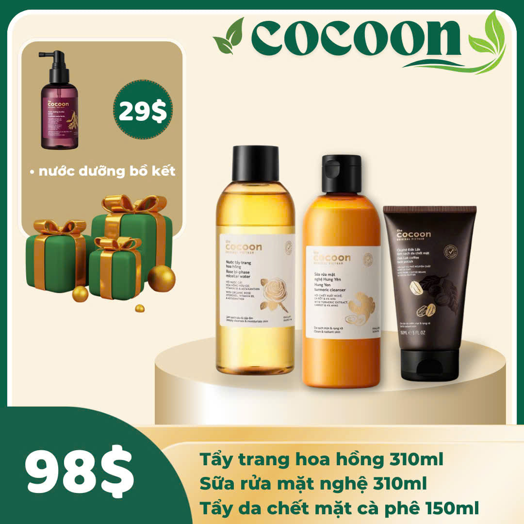 Combo Cocoon 3 món Tẩy trang hoa hồng + SRM Nghệ + Tẩy da chết mặt cà phê  🎁  Tặng dưỡng da đầu bồ kết