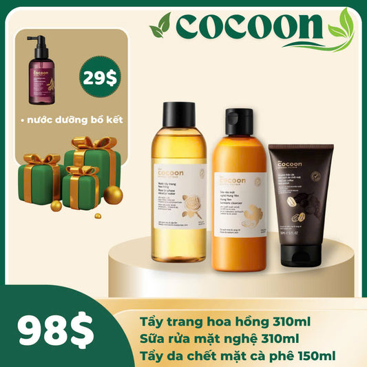 Combo Cocoon 3 món Tẩy trang hoa hồng + SRM Nghệ + Tẩy da chết mặt cà phê  🎁  Tặng dưỡng da đầu bồ kết