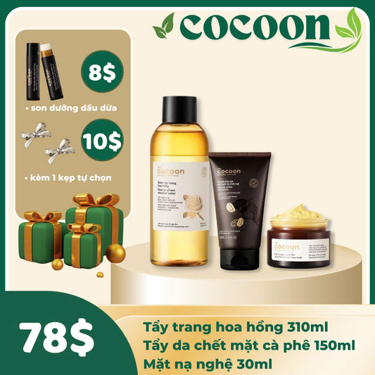 Combo COCOON  Tẩy trang hoa hồng + Tẩy TBC mặt + Mask nghệ 🎁 Tặng son dưỡng dầu dừa + kẹp tóc 💋 có sẵn