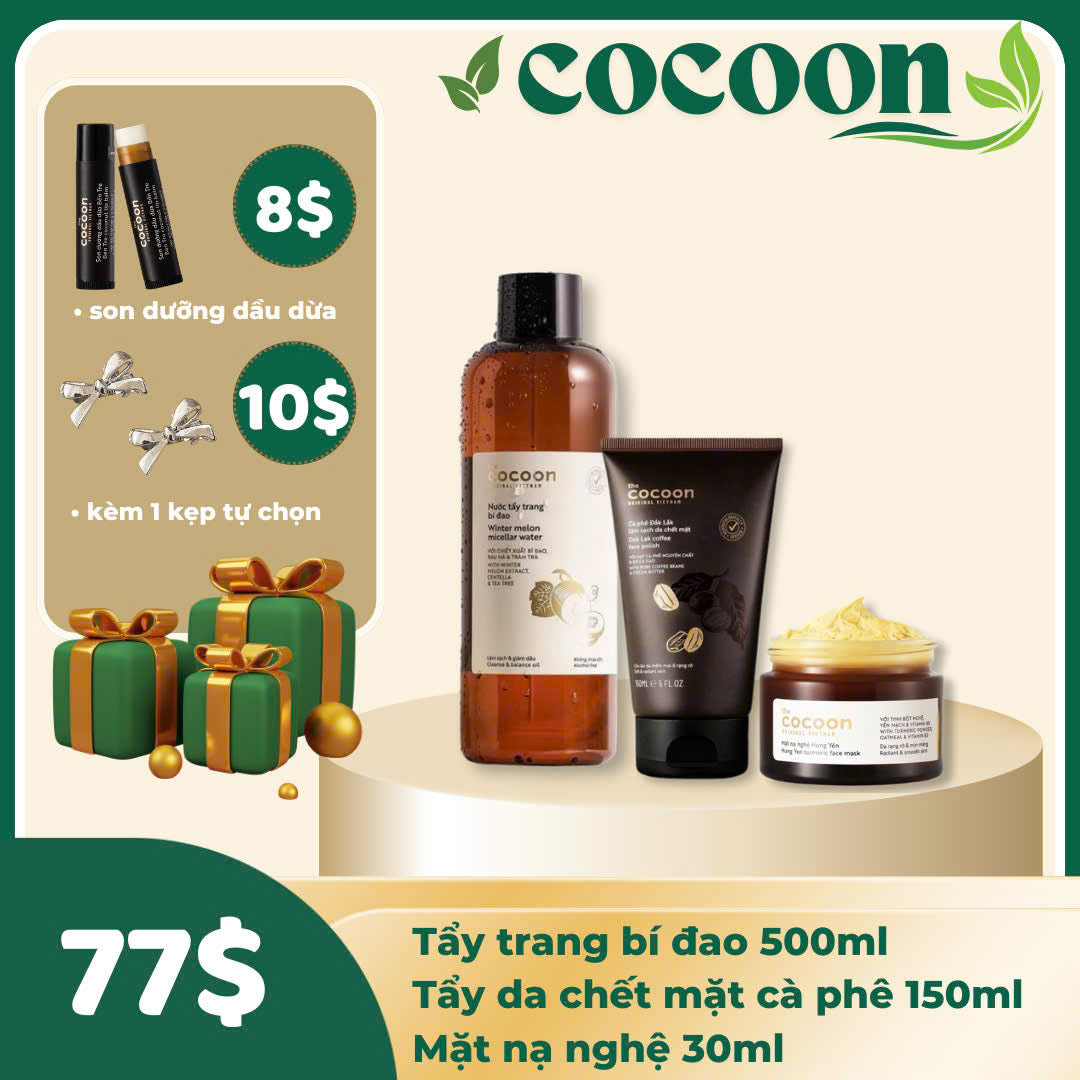 Combo Cocoon 3 món Tẩy trang bí đao + Tẩy da chết mặt + Mask nghệ - Tặng Son dưỡng và kẹp tóc tự chọn