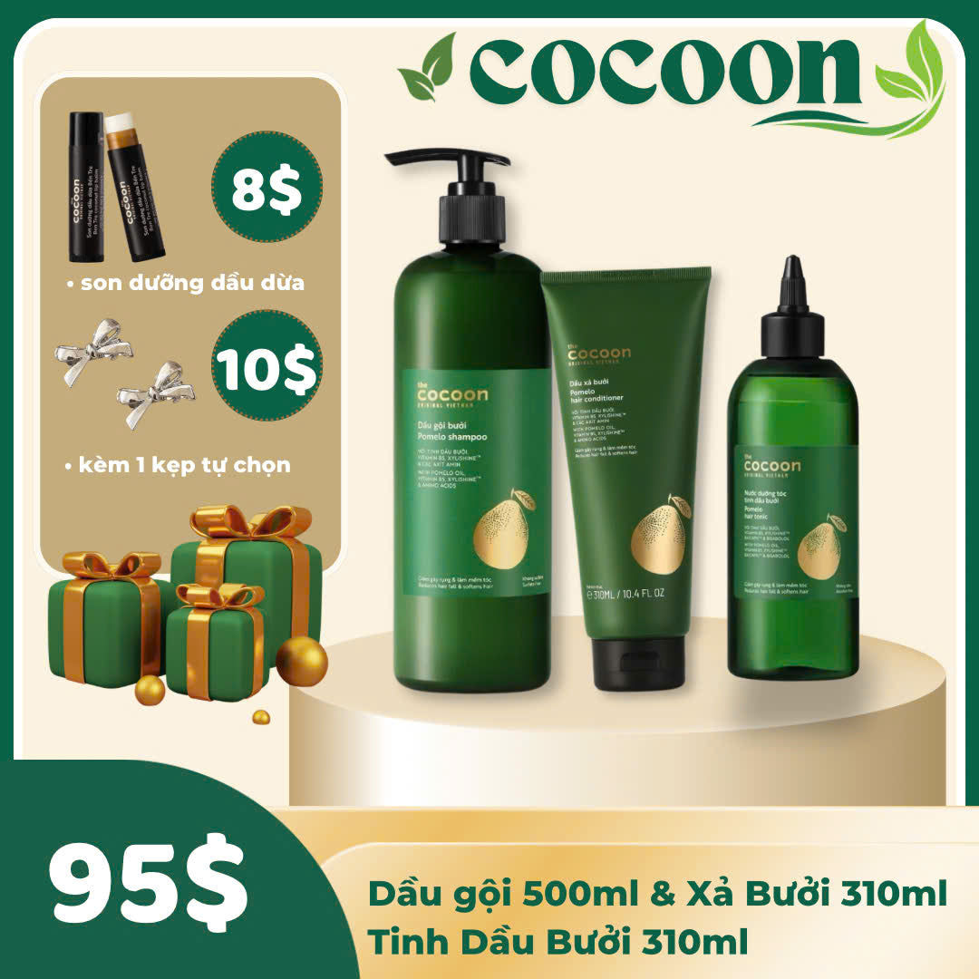 Combo Cocoon 3 món Dầu gội + Xả bưởi + Tinh dầu bưới 310ml - Tặng Son dưỡng và kẹp tóc tự chọn (Copy)