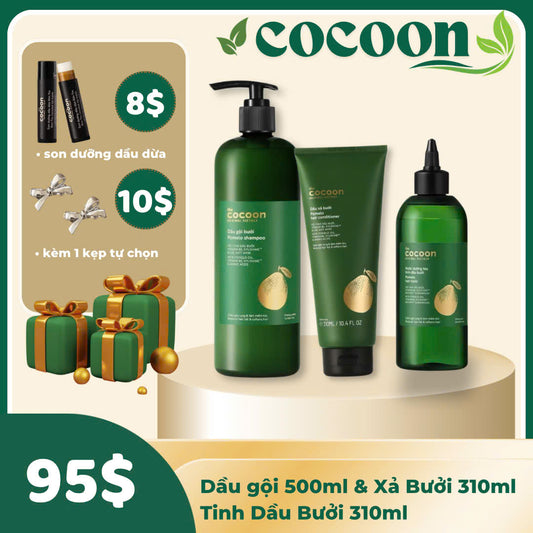 Combo Cocoon 3 món Dầu gội + Xả bưởi + Tinh dầu bưới 310ml - Tặng Son dưỡng và kẹp tóc tự chọn (Copy)
