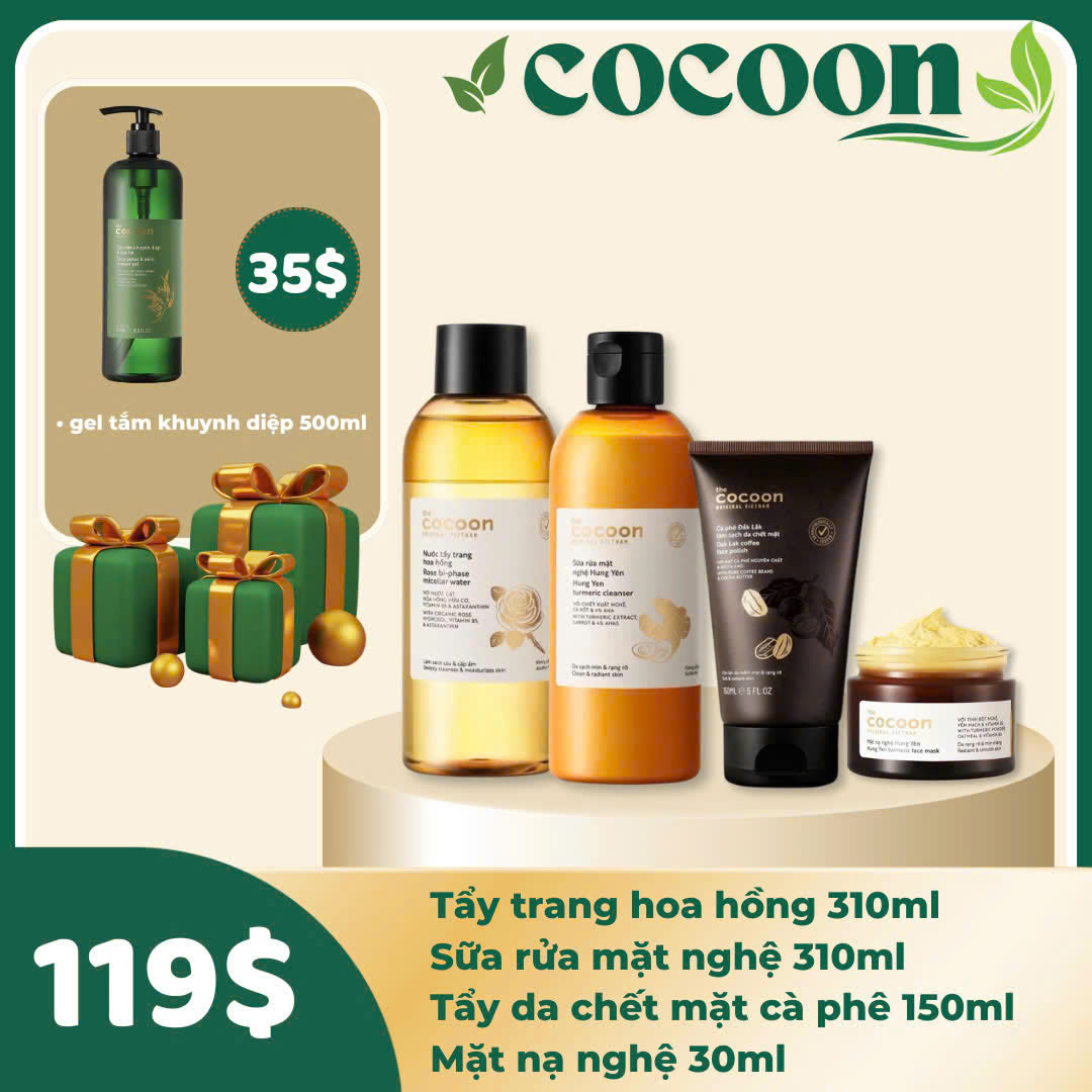 Combo Cocoon 4 món Tẩy trang + SRM nghệ + Tẩy da chết mặt + Mask nghệ - Tặng Gel tắm 500ml