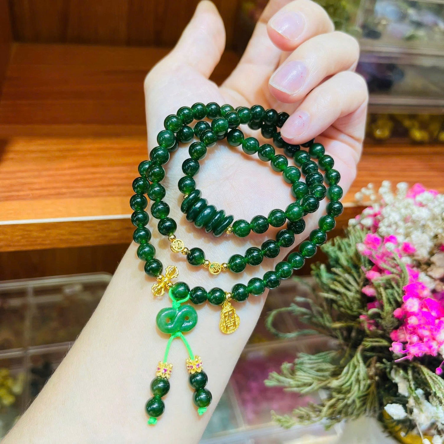 Ngọc bích 6ly mix charm ngọc bích + charm bạc xi vàng