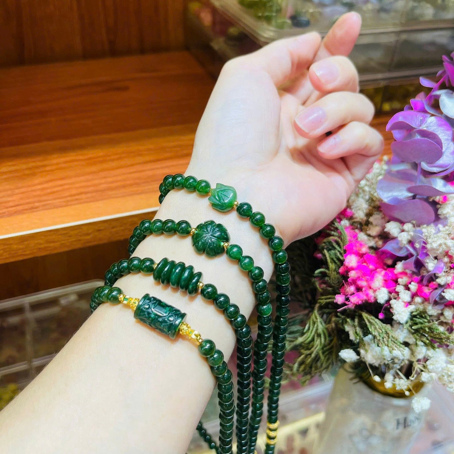 Ngọc bích 6ly mix charm ngọc bích + charm bạc xi vàng