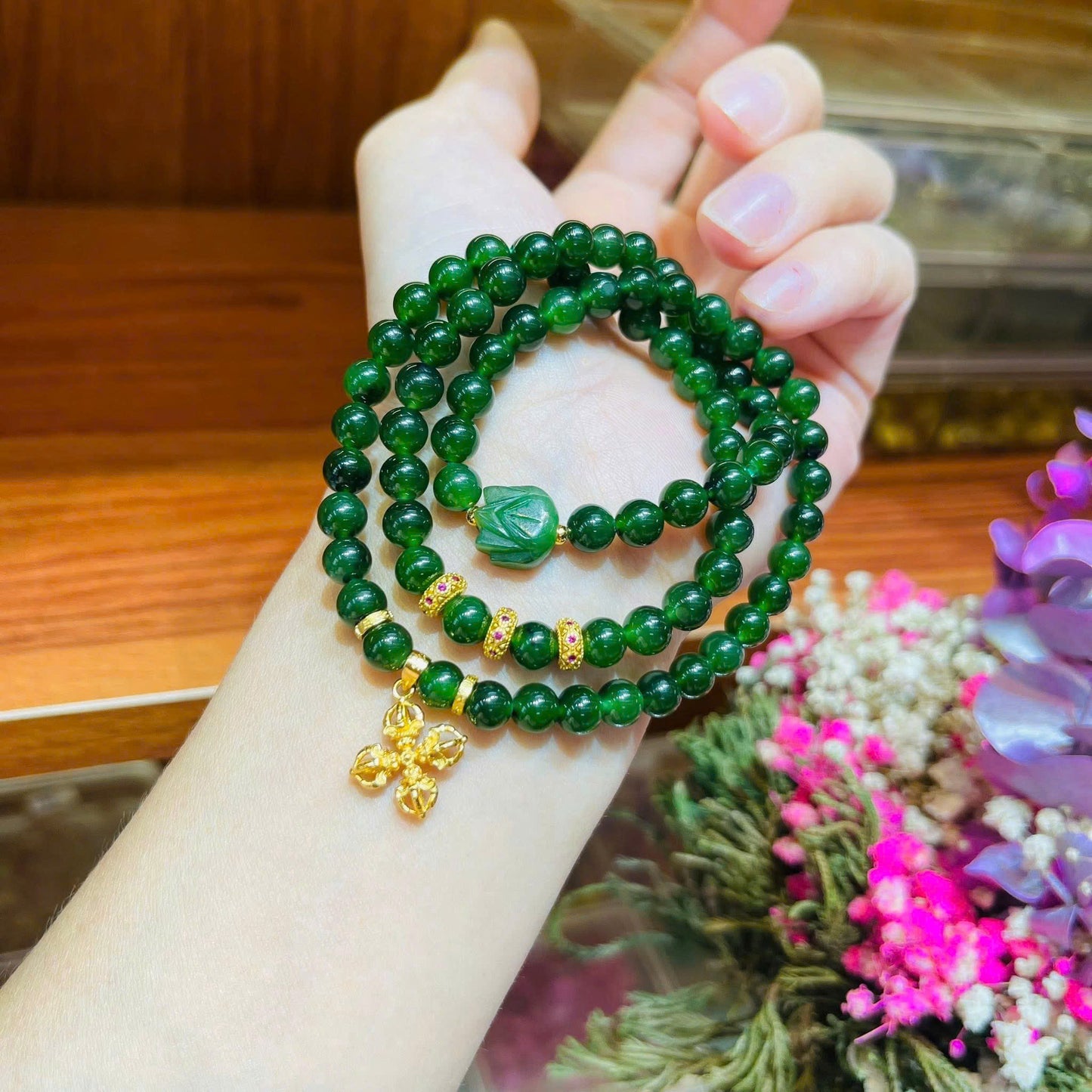 Ngọc bích 6ly mix charm ngọc bích + charm bạc xi vàng