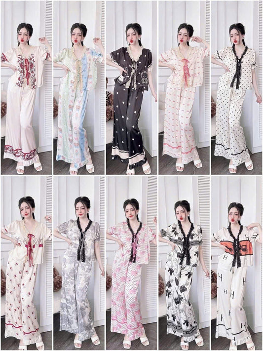 Pijama tiểu thư cột nơ tay ngắn quần dài