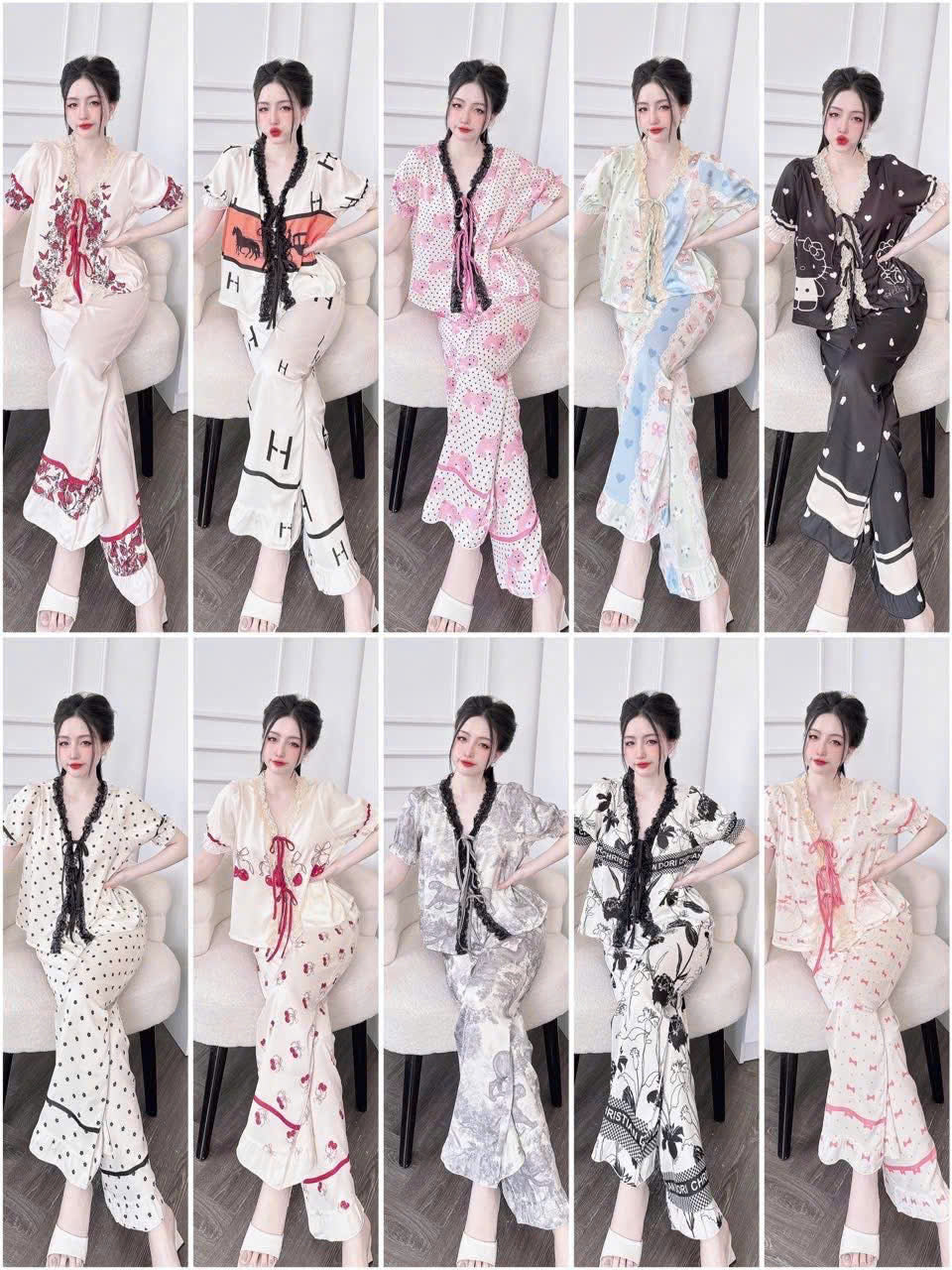 Pijama tiểu thư cột nơ tay ngắn quần dài