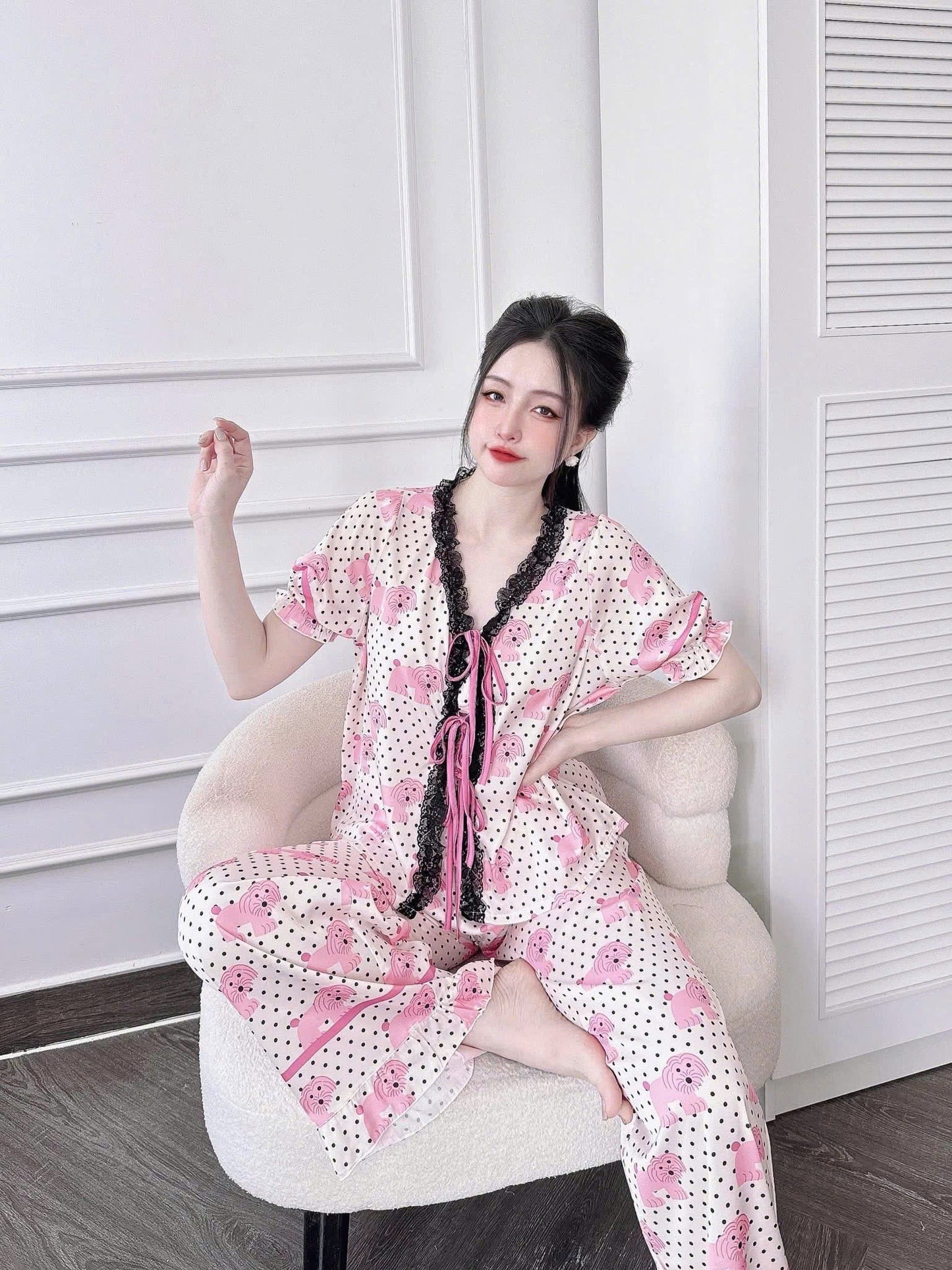 Pijama tiểu thư cột nơ tay ngắn quần dài