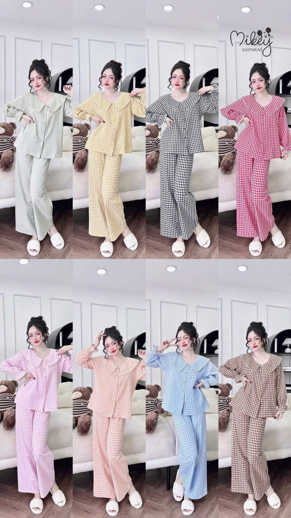 Bộ ngủ tay dài MIKEY KATE caro tay bo phồng