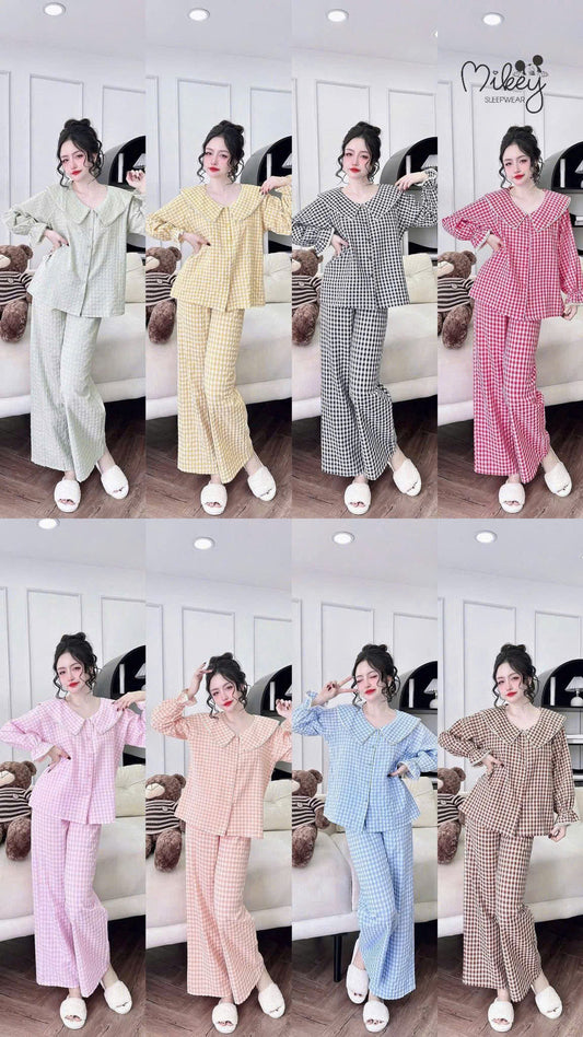 Bộ ngủ tay dài MIKEY KATE caro tay bo phồng