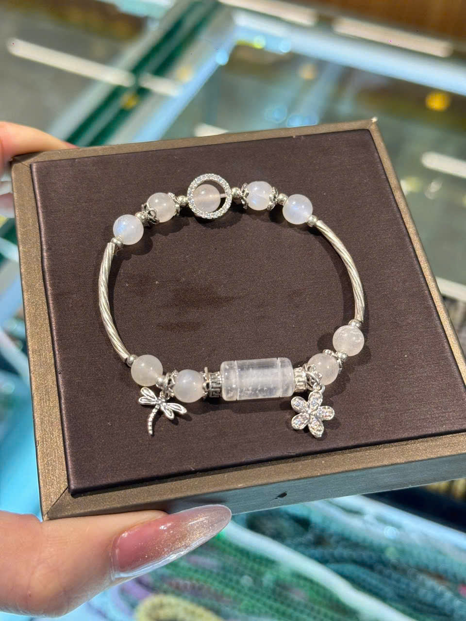 Vòng bạc phối charm đá tự nhiên