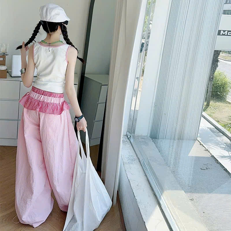 Set áo 3 lỗ và quần ống rộng viền bèo caro tone hồng