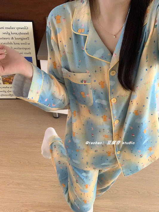 Pijama dài loang màu vàng xanh