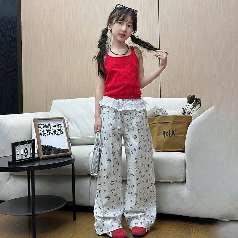 Set áo 2 dây đỏ phối quần trắng ống rộng họa tiết mèo viền ren