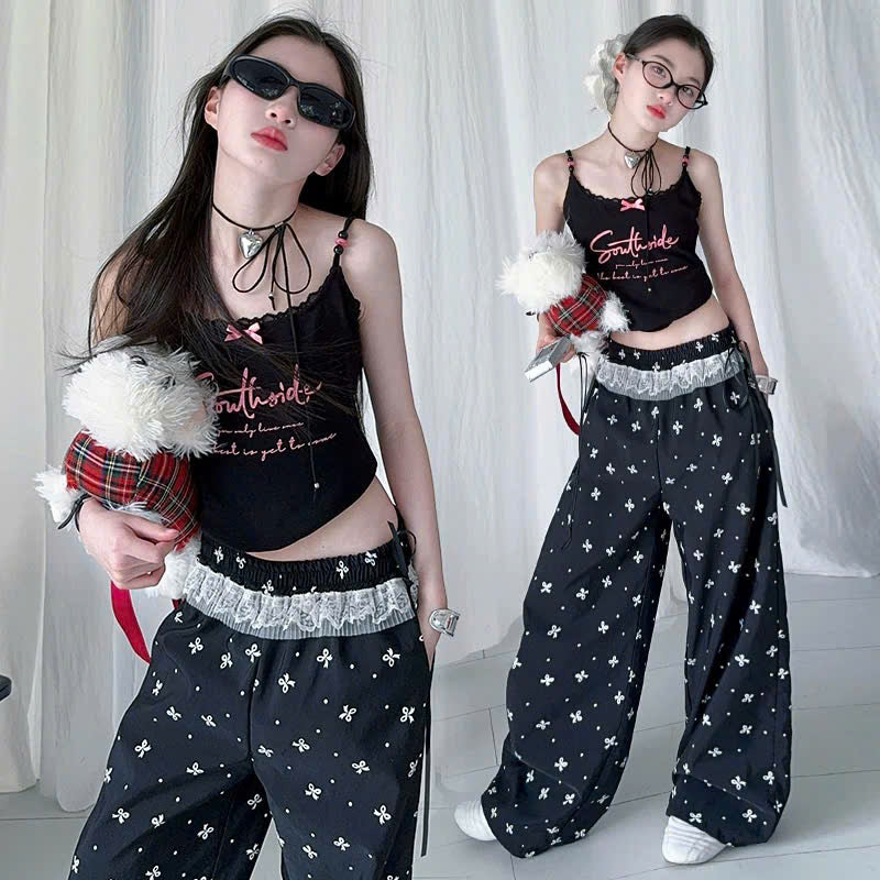 Áo 2 dây đen nơ xinh phối quần ống rộng viền ren