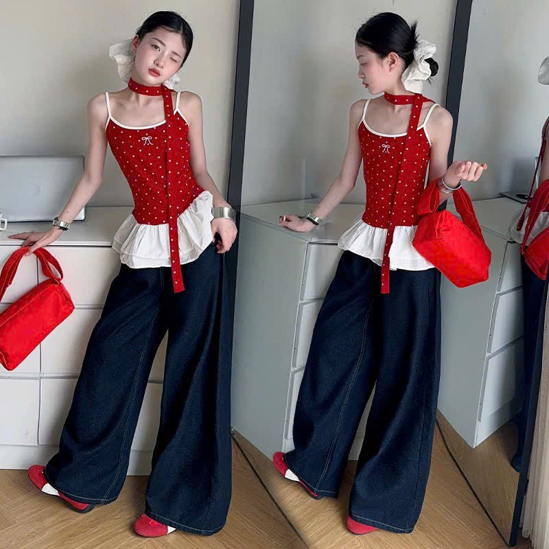 Áo 2 dây chấm bi đỏ xòe phối quần bò ống suông