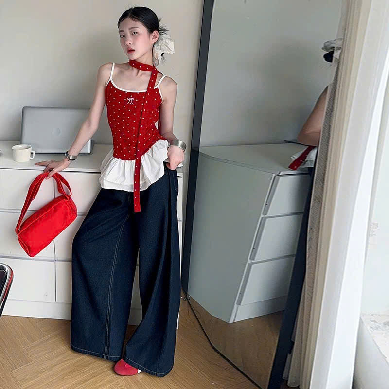 Áo 2 dây chấm bi đỏ xòe phối quần bò ống suông