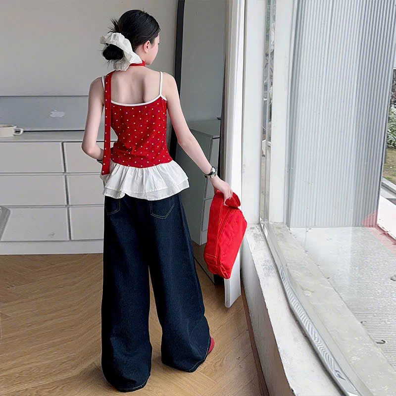 Áo 2 dây chấm bi đỏ xòe phối quần bò ống suông