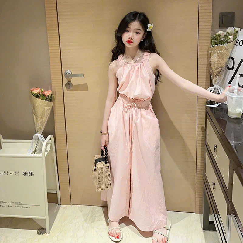 Áo 2 dây phối cùng quần suông cạp cao hồng nhạt