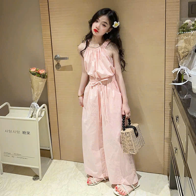 Áo 2 dây phối cùng quần suông cạp cao hồng nhạt
