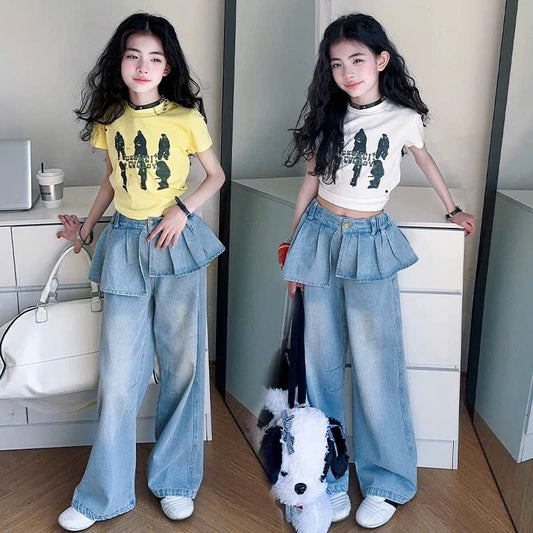 Quần bò phối chân váy và áo croptop