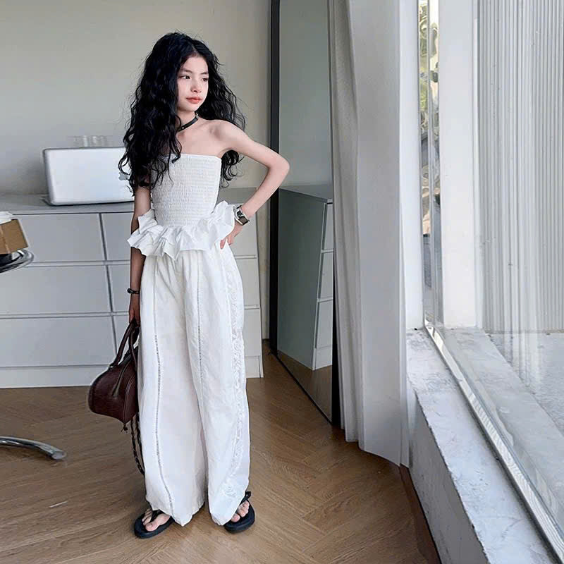 Áo ống tà xòe phối quần ống suông tone trắng