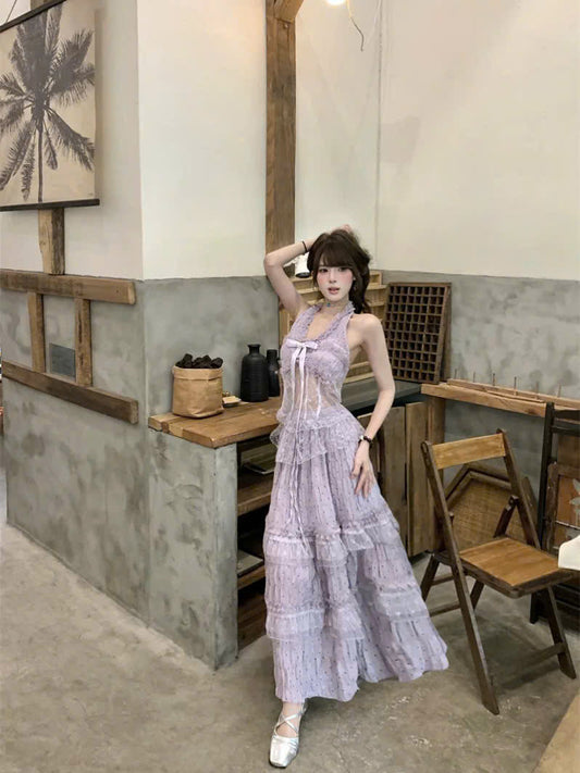 Áo cổ yếm tím phối voan nhẹ nhàng mix cùng chân váy xòe dài