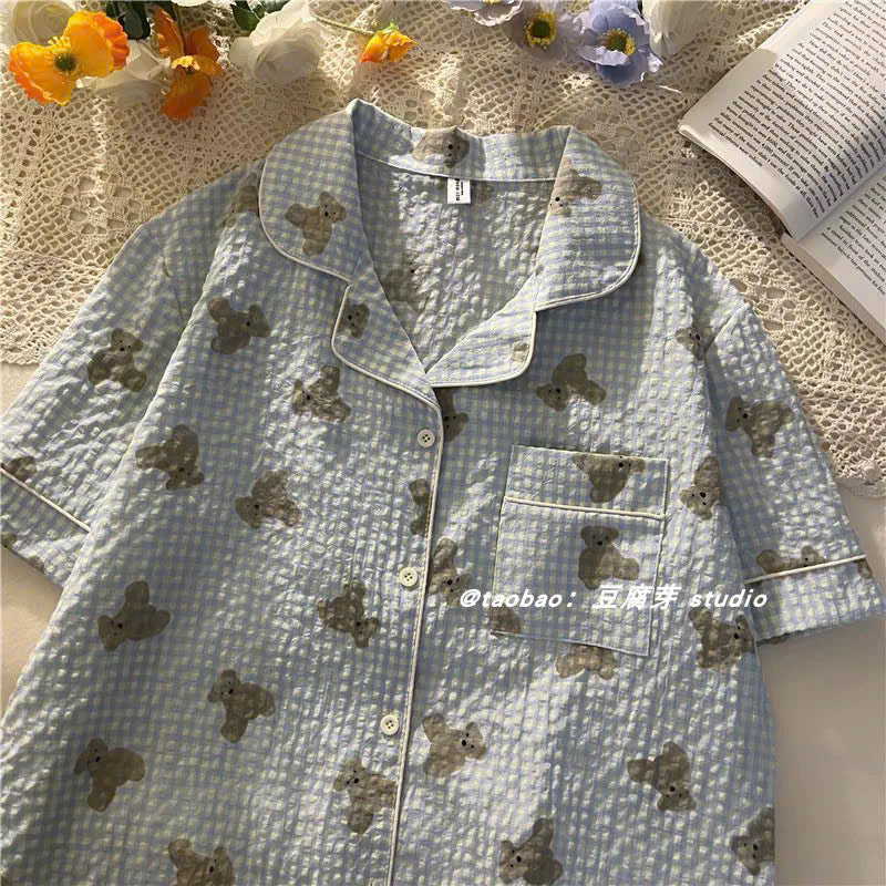 Pijama đùi xanh dương họa tiết gấu bông