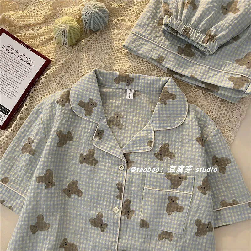 Pijama đùi xanh dương họa tiết gấu bông