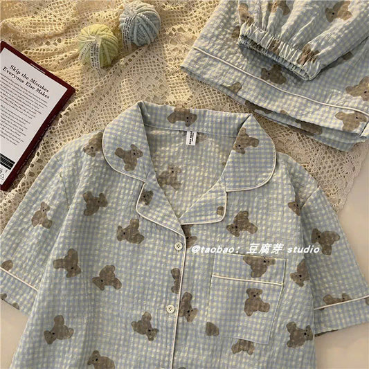 Pijama đùi xanh dương họa tiết gấu bông