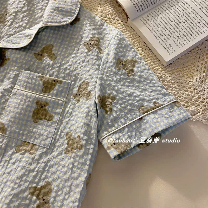 Pijama đùi xanh dương họa tiết gấu bông