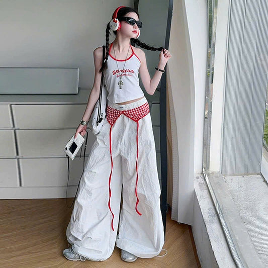 Set áo cổ yếm quần ống rộng phối caro đỏ
