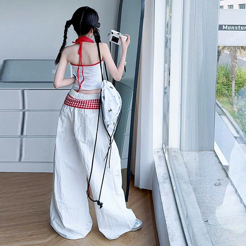 Set áo cổ yếm quần ống rộng phối caro đỏ