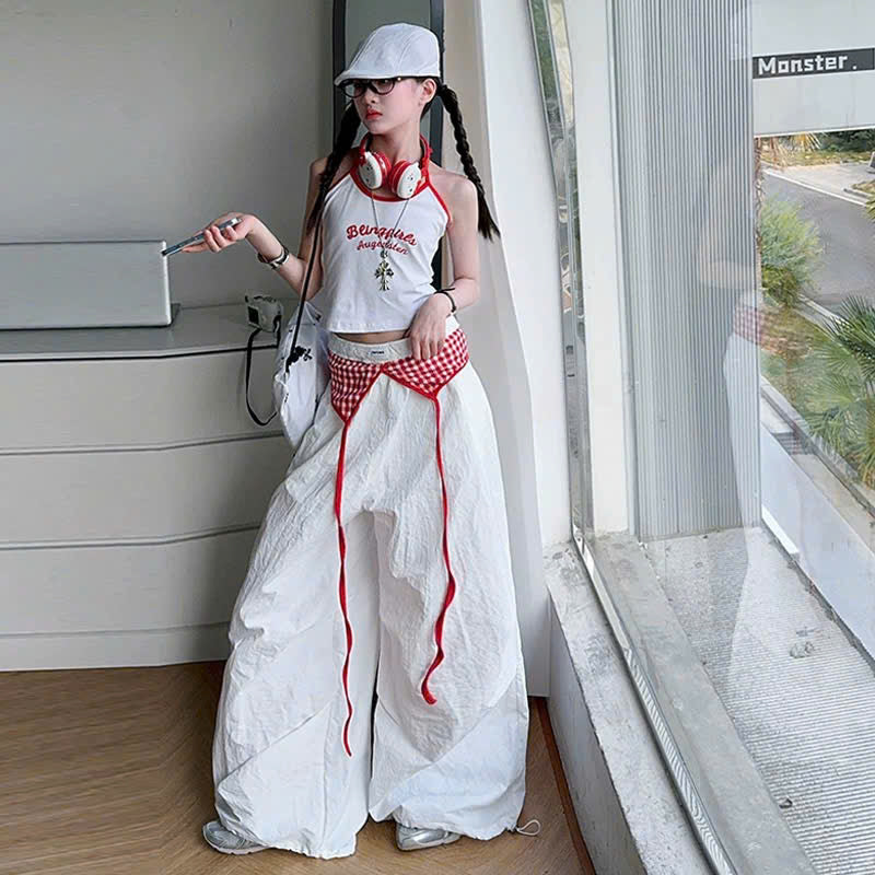 Set áo cổ yếm quần ống rộng phối caro đỏ