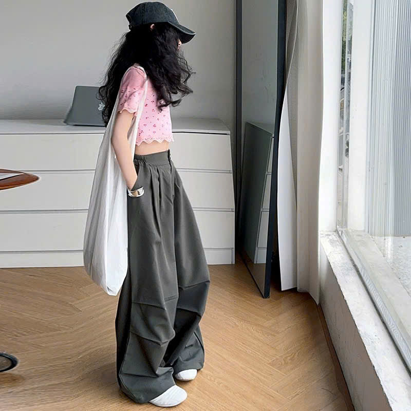 Set áo croptop hồng phối voan mix quần ống rộng lưng chun