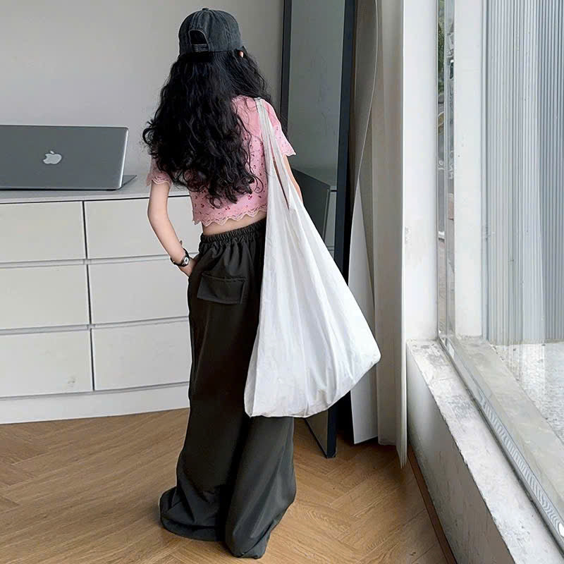 Set áo croptop hồng phối voan mix quần ống rộng lưng chun