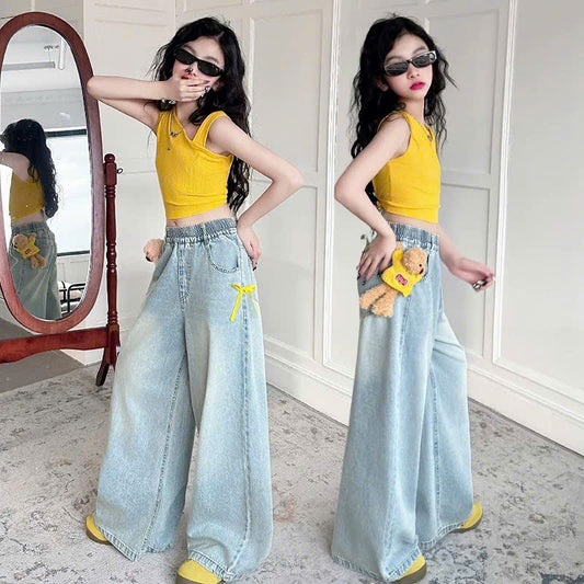 Set áo croptop vàng quần jean đính gấu bông dễ thương