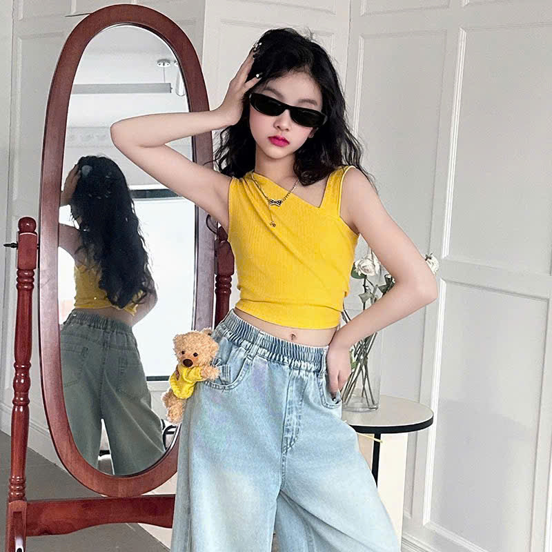 Set áo croptop vàng quần jean đính gấu bông dễ thương