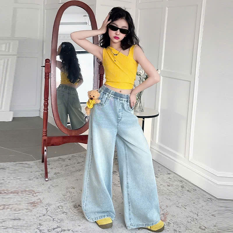 Set áo croptop vàng quần jean đính gấu bông dễ thương