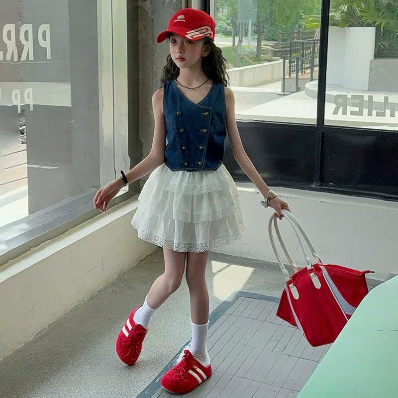 Áo ghi lê denim phối chân váy trắng