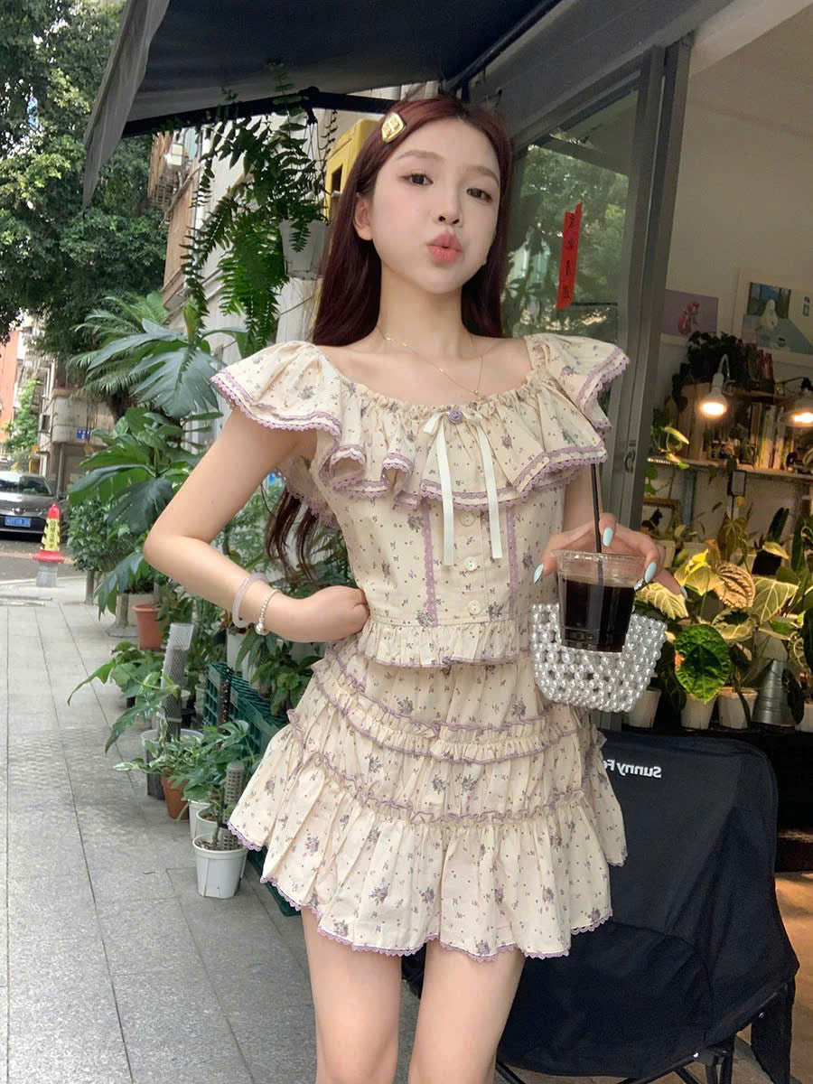 Set áo váy hoa viền ren tím ngọt ngào vintage