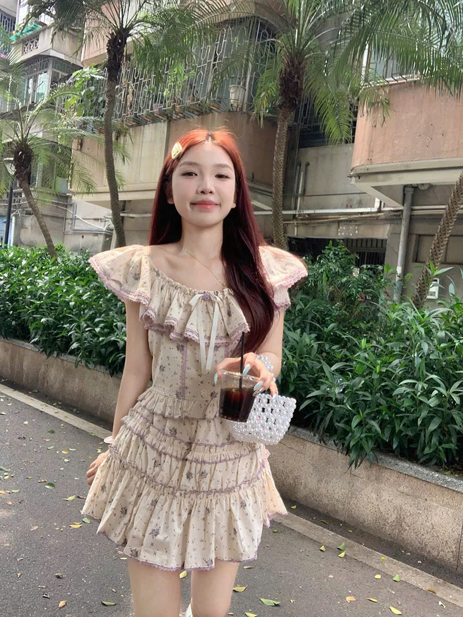 Set áo váy hoa viền ren tím ngọt ngào vintage
