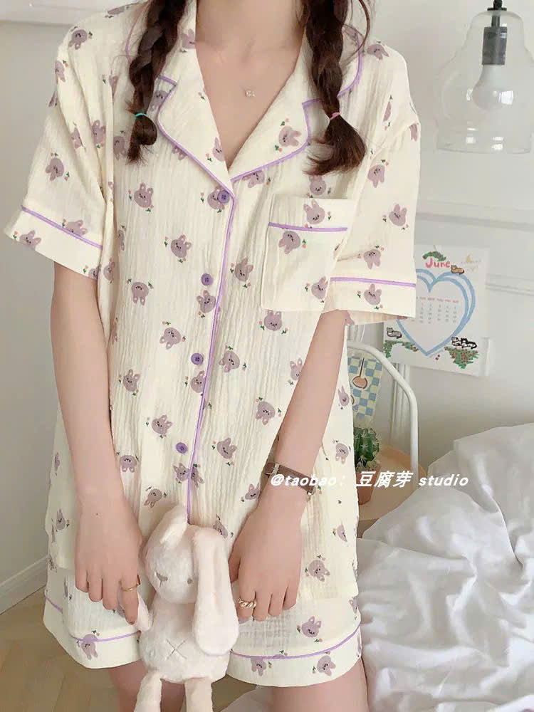 Bộ ngủ ngắn thỏ viền tím