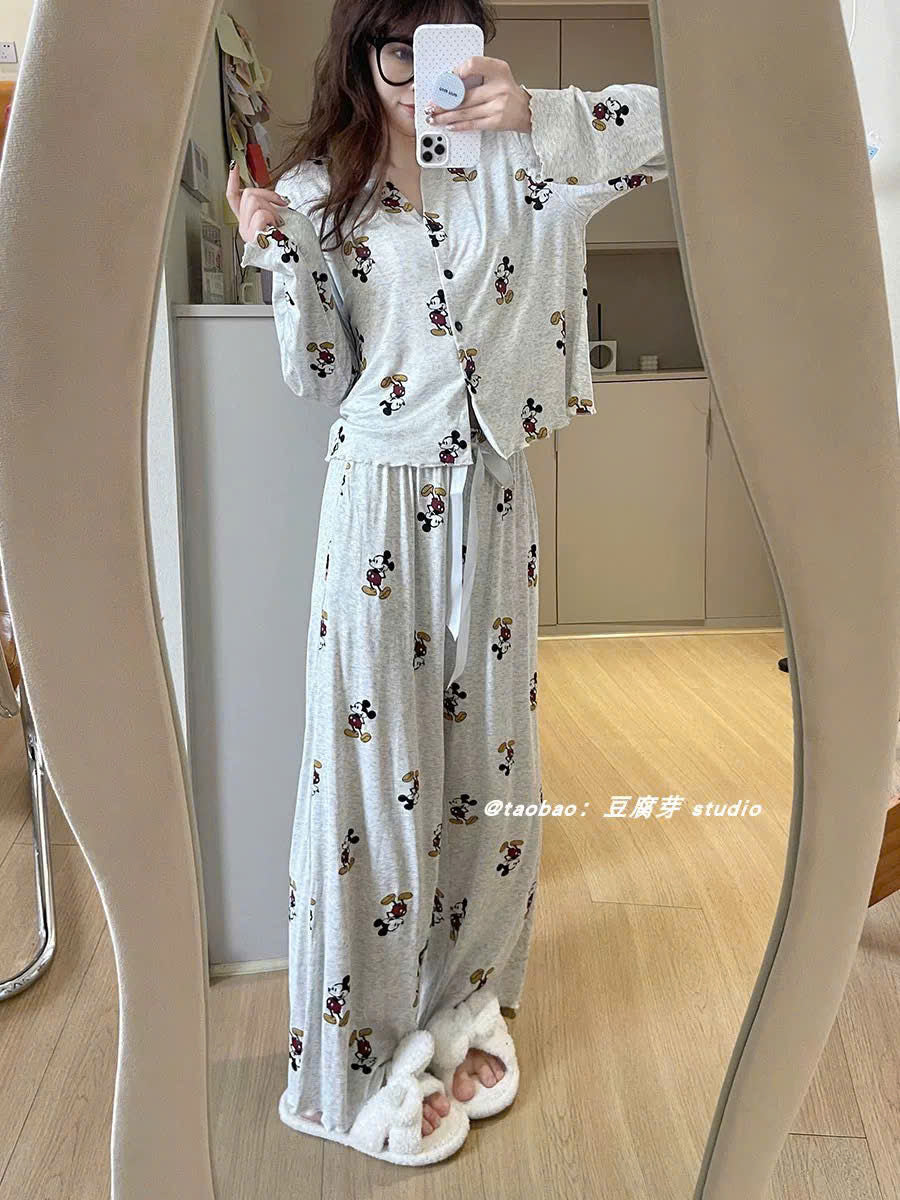Bộ ngủ tay dài quần dài thun xám hoạt hình Mickey